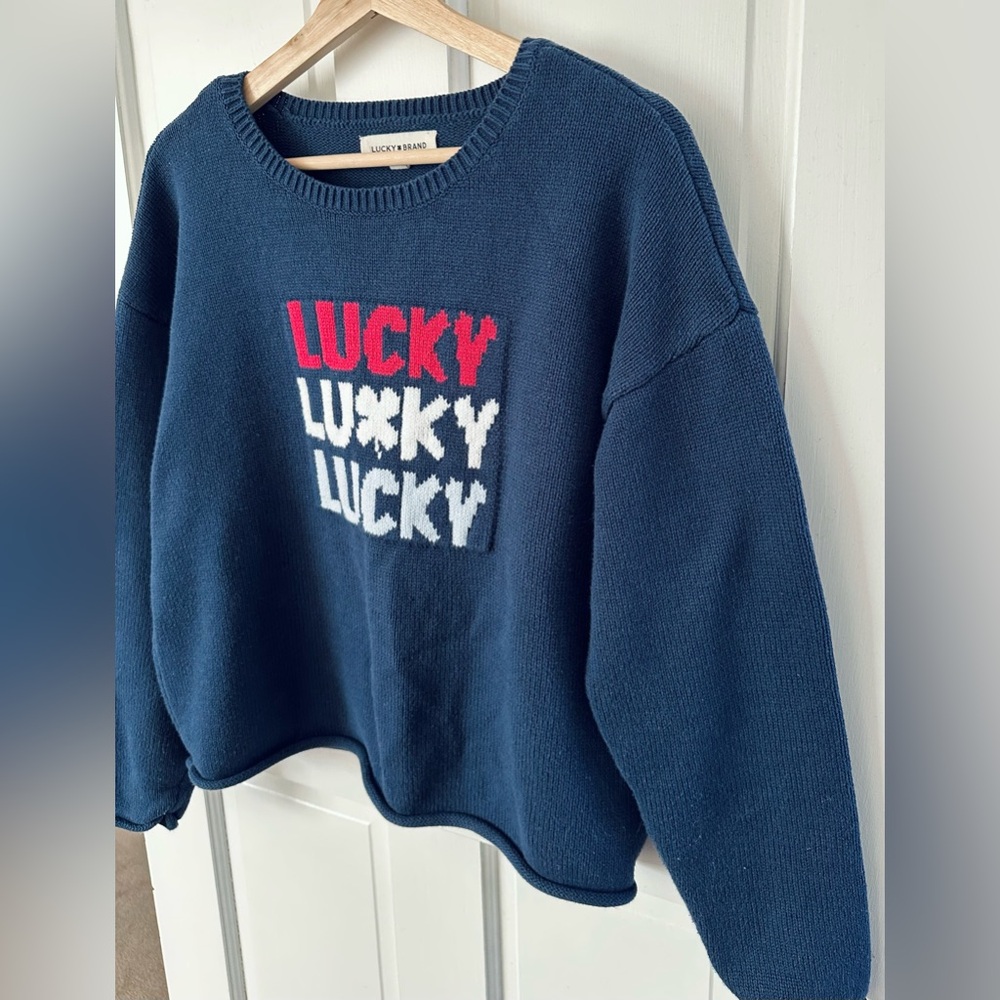 Lucky Brand Navy Blue Crop Sweater with Lucky Clover Graphic Rolled Hem Size L - Picture 2 of 8
